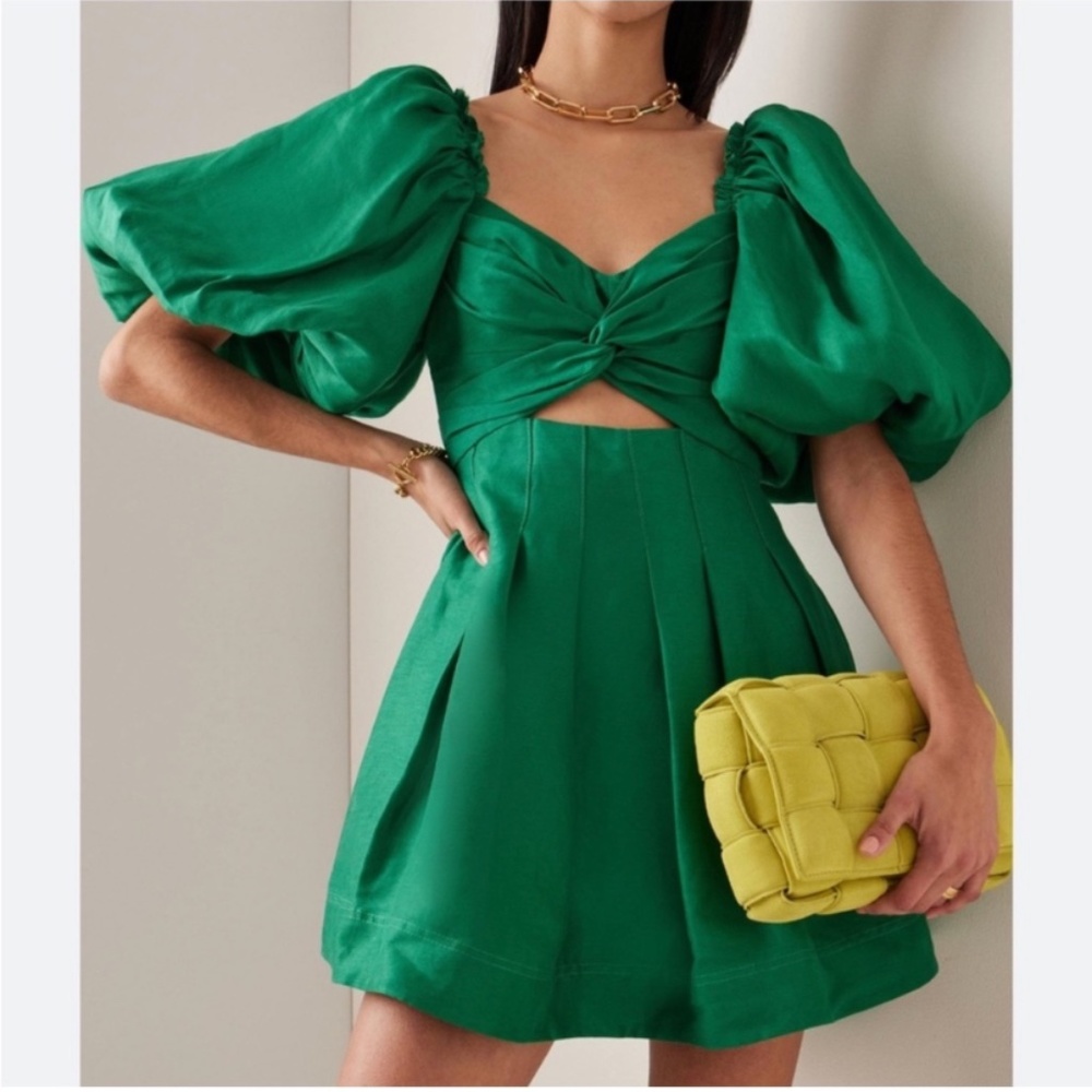 Aje Dusk Knot Puff Sleeve Emerald Green Mini Dress